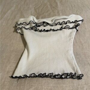 Blue Blush Ivory Top with Black Ruffle Accents